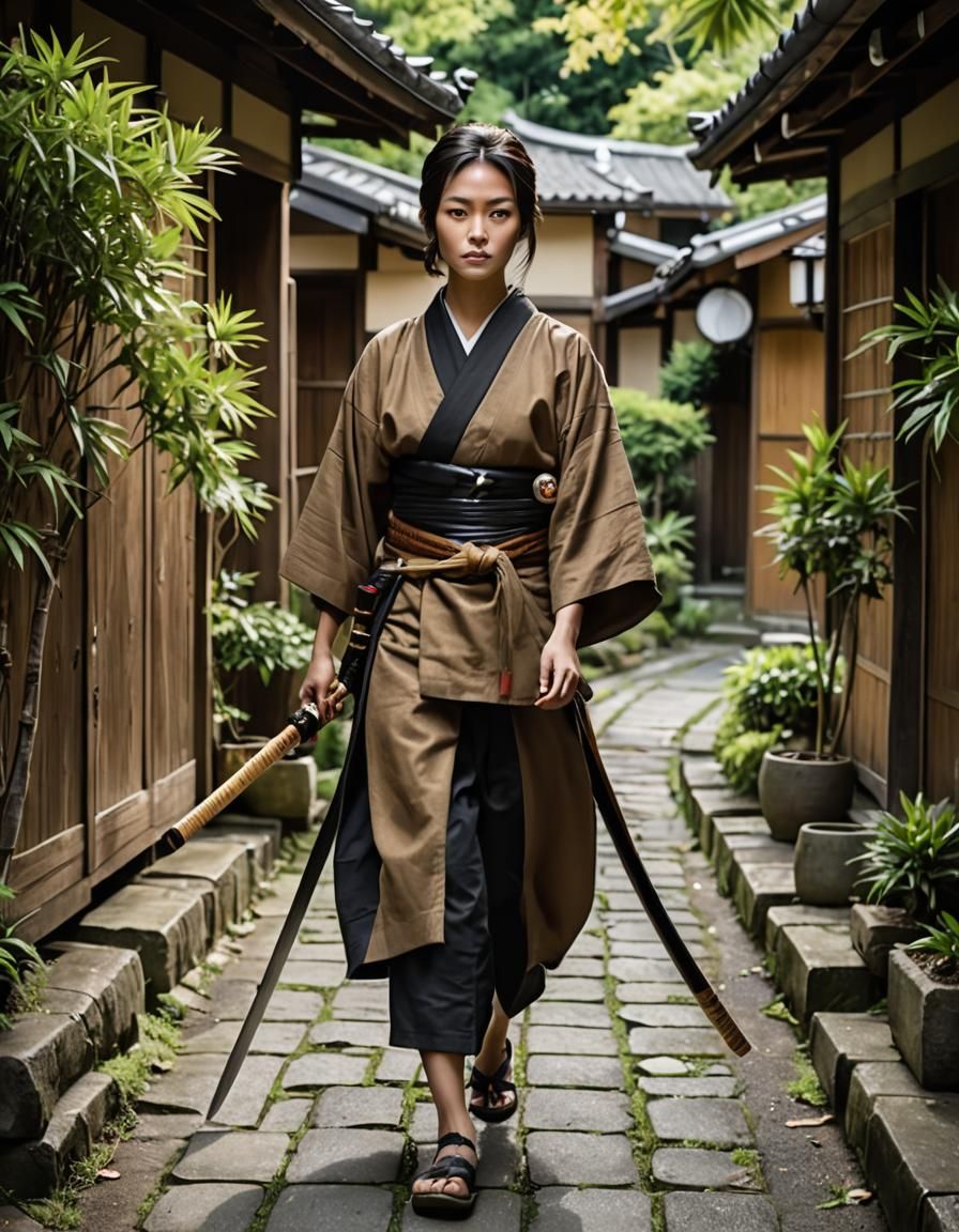 Young Ninja in Japanese Village: Realistic Photo