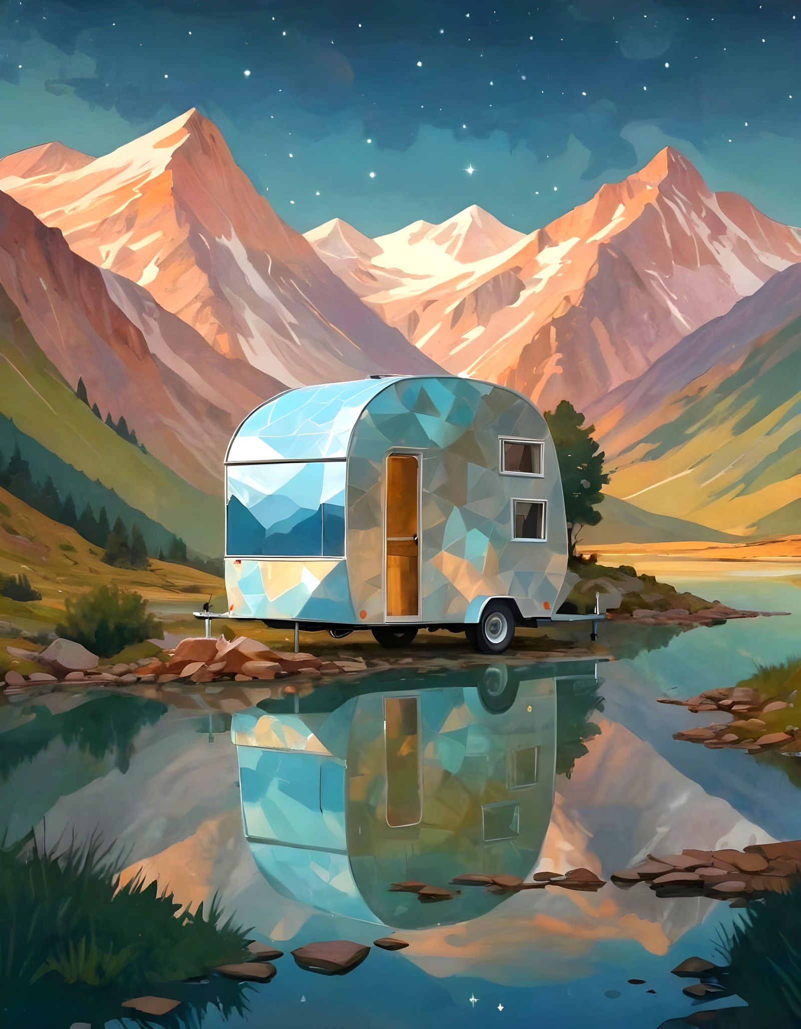 Cubist Camper Trailer at Twilight, Mountain Lake
