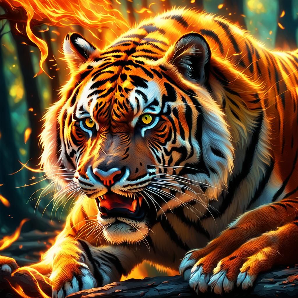 Tiger Plays with Fire in Mystical Forest