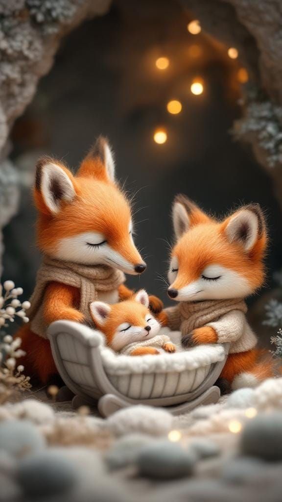 Felted Fox Family in Cozy Cave Home
