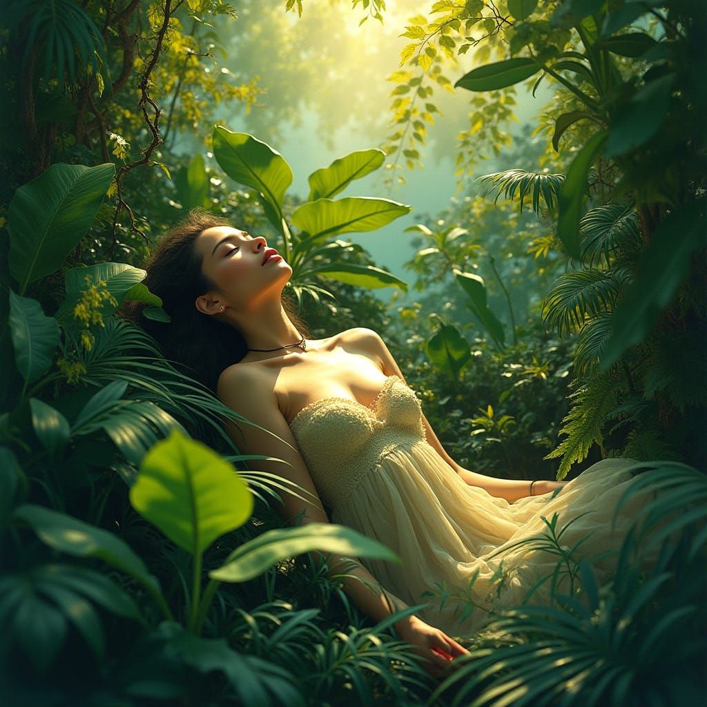 Ethereal Botanical Goddess in Lush Tropical Oasis