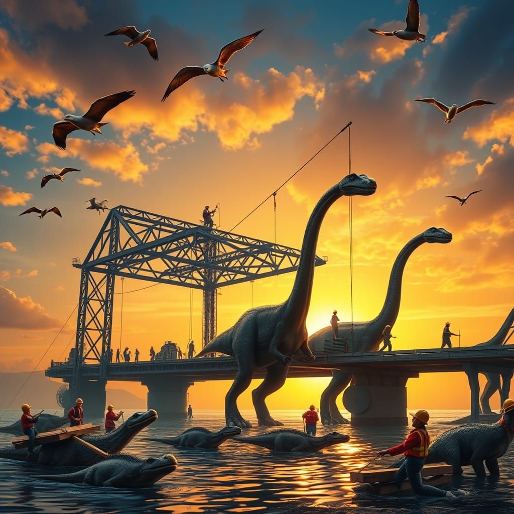 Dinosaurs and Humans Collaborate on Bridge Construction