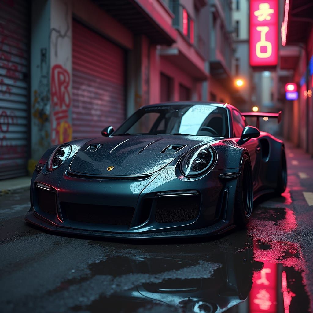 Chrome Porsche 911 in Cyberpunk Alleyway