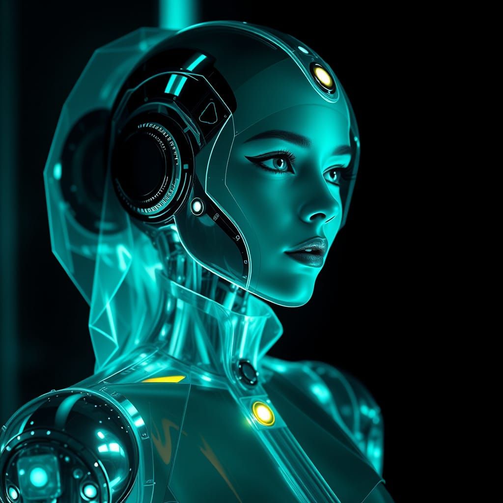 Elegant Turquoise Glass Robot Woman in Art Nouveau Style