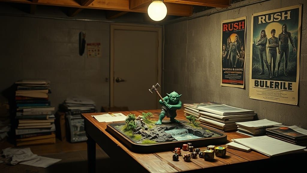 1980s Basement D&D Scene with Goblin Miniature