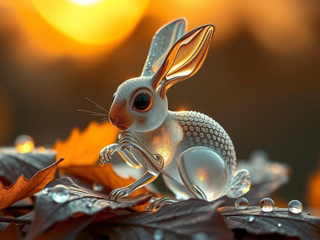 Glass Grasshopper on Autumn Leaves in Ethereal Light