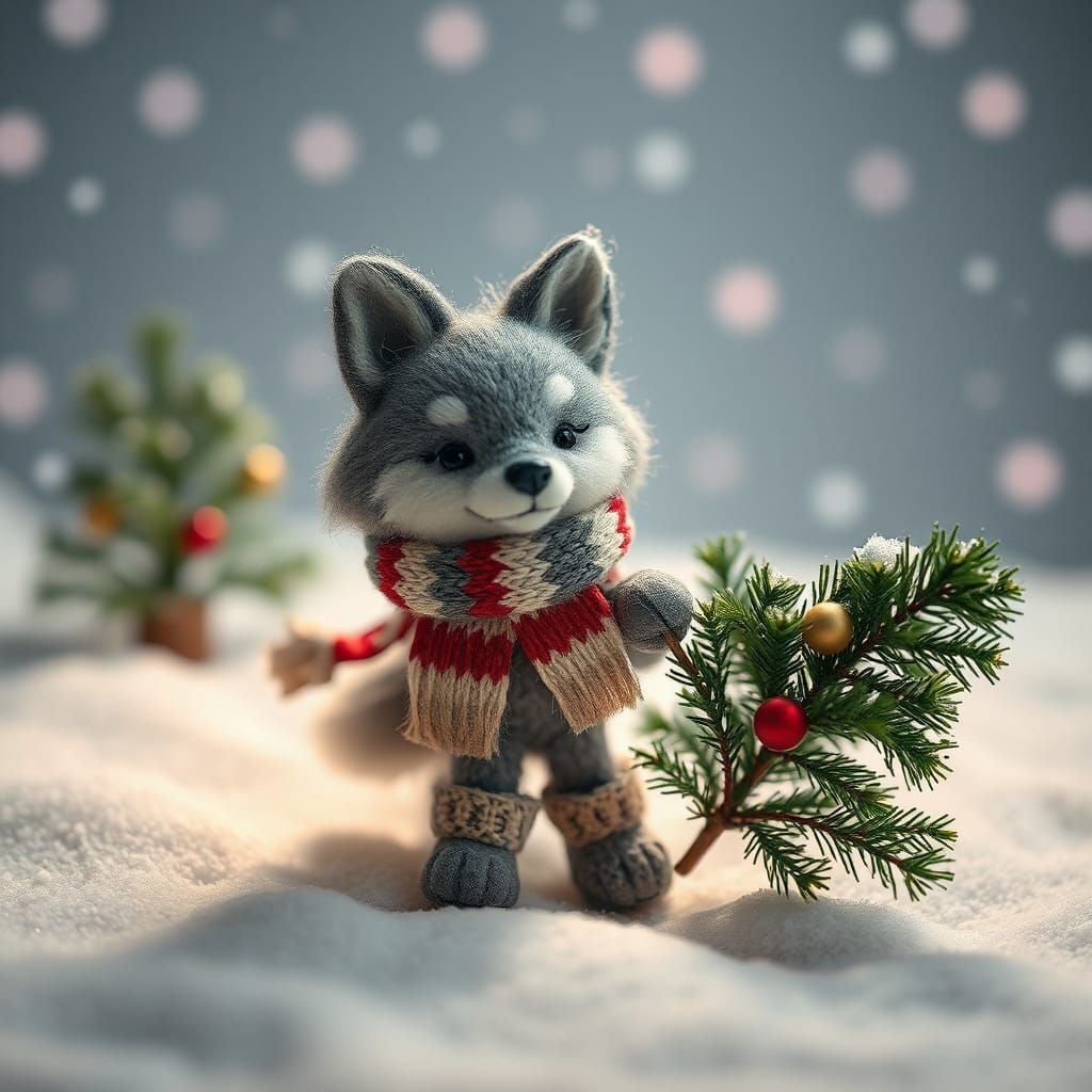 wool, felting, handmade -happy cute chibi wolf, in a knitted...