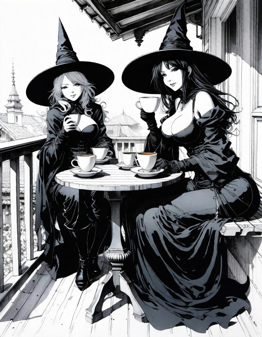 Twin Witches Morning Coffee, Ink Art Style