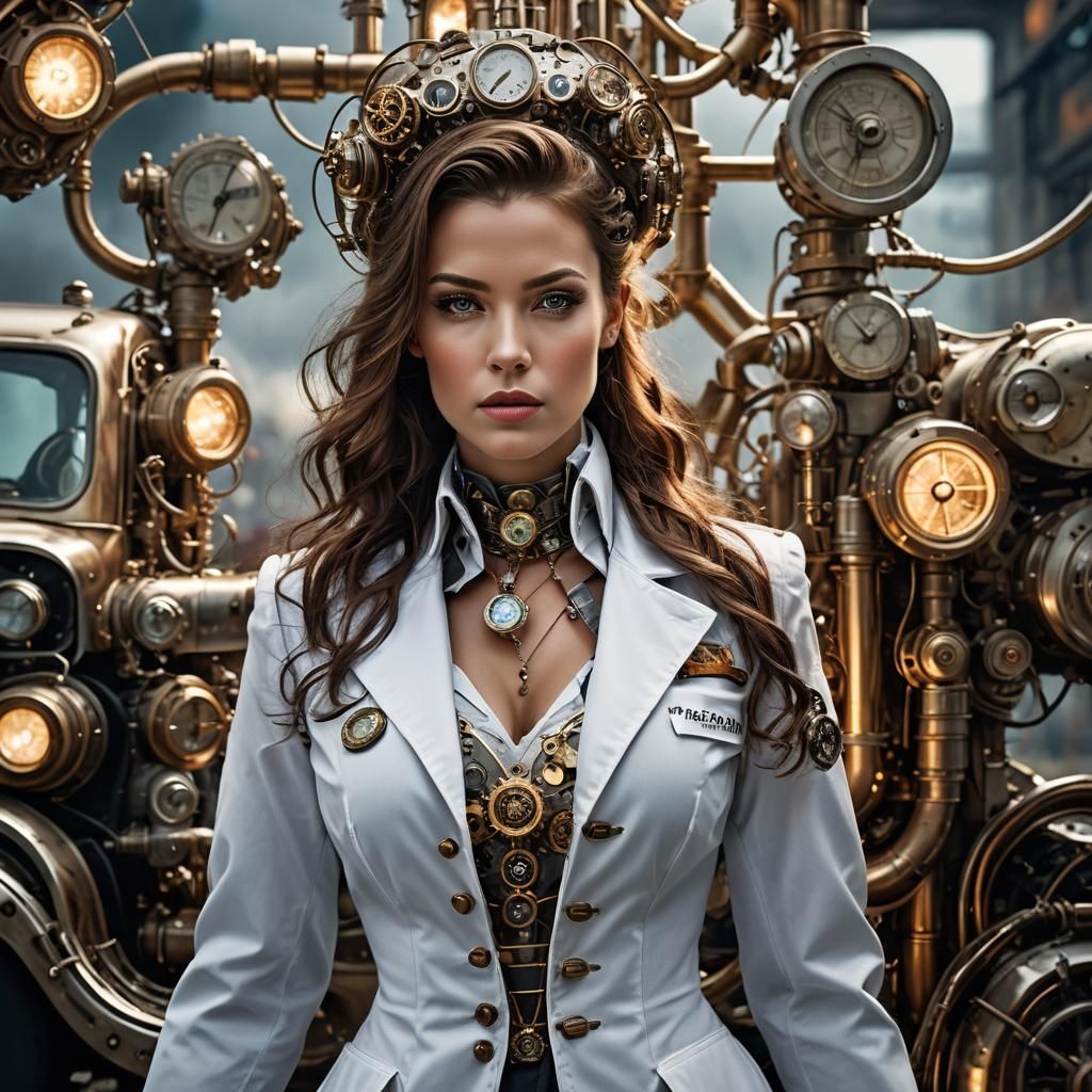 Steampunk woman, elegant, beautiful, amazing curves,who only wears a tight-fitting, extra-short white doctor's coat with...