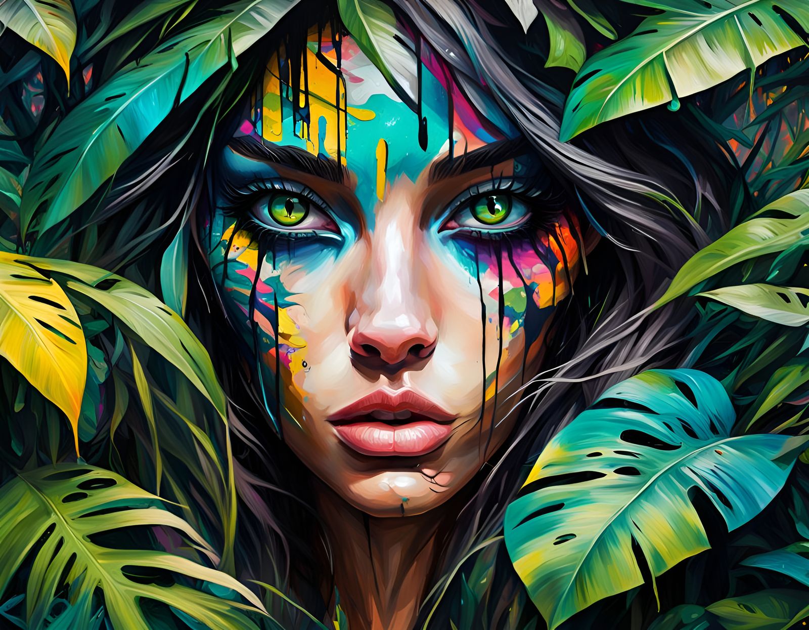 Cat-Eyed Girl's Jungle Walk: Graffiti Art Style