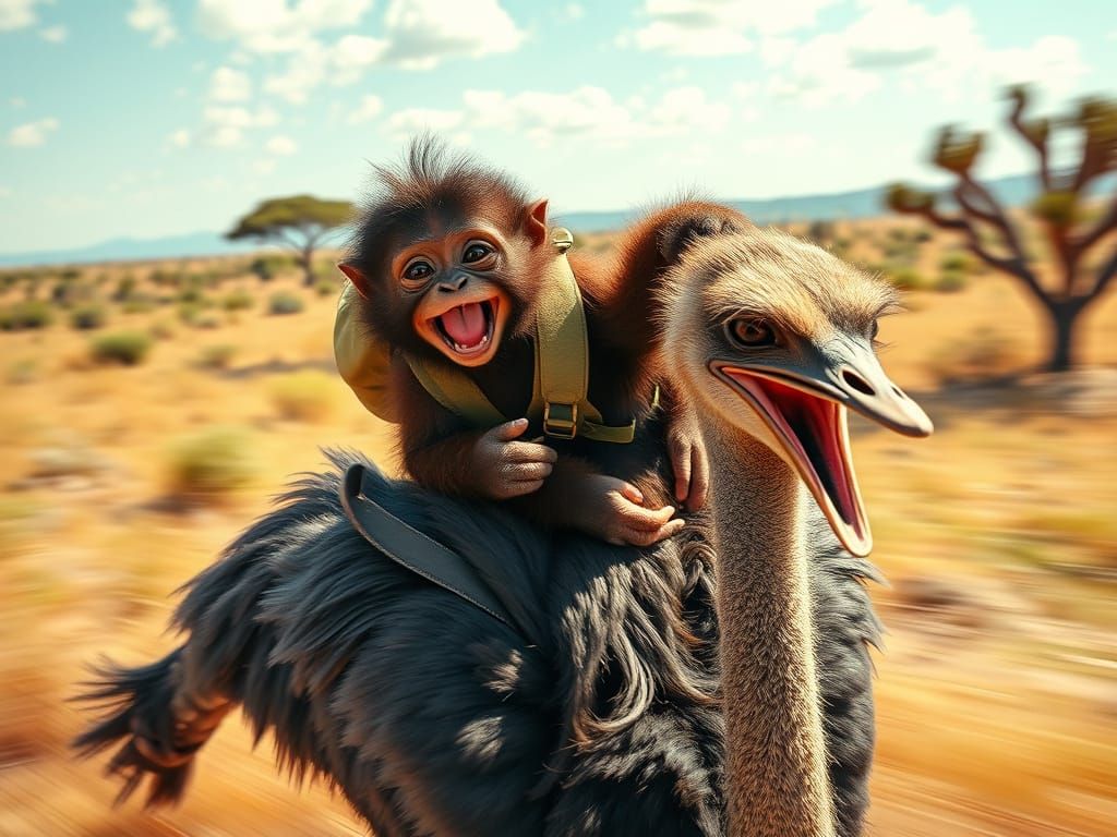 Orangutan Rides Ostrich in Sunny Savannah, Photorealistic St...