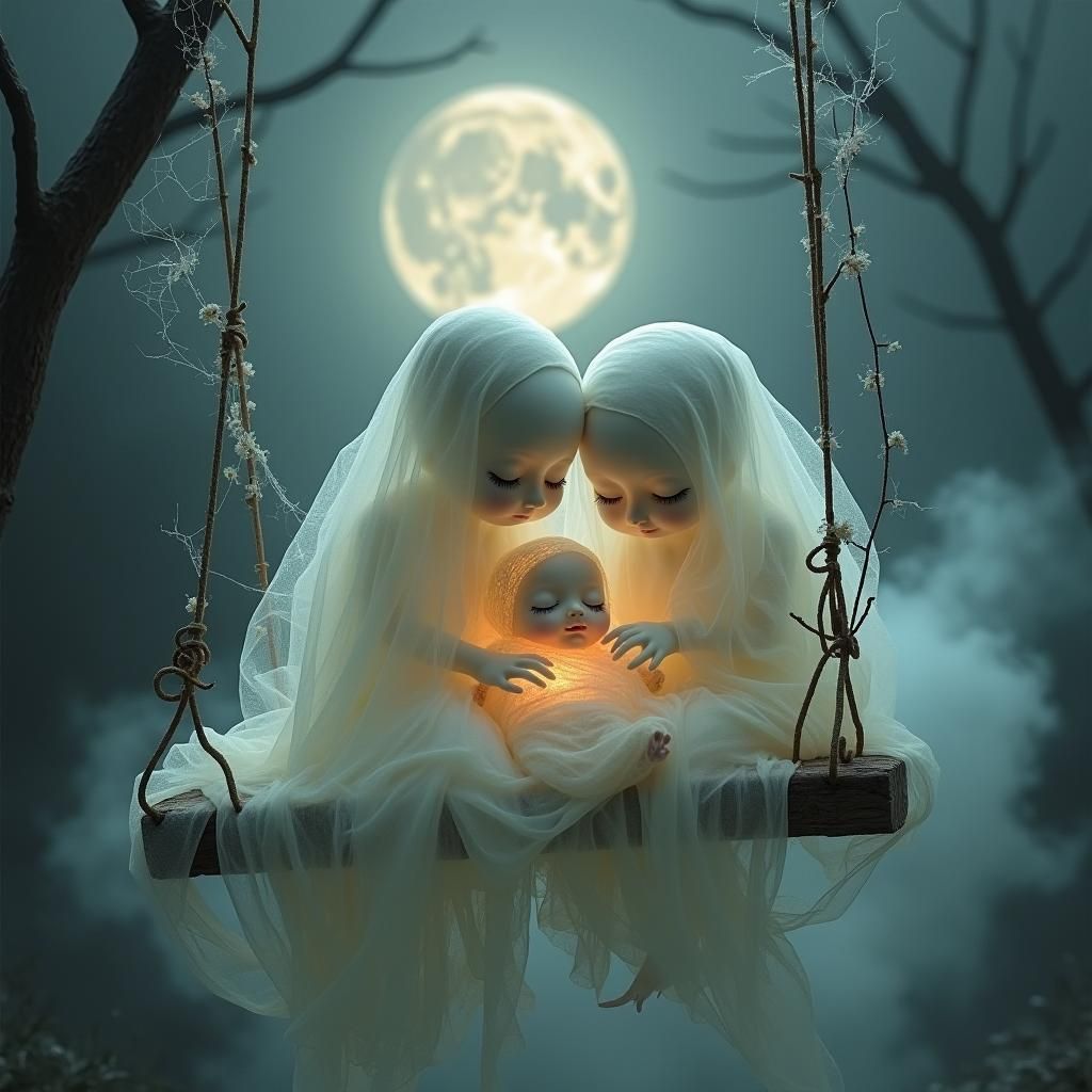 Ethereal Ghosts on Swing with Baby in Moonlight