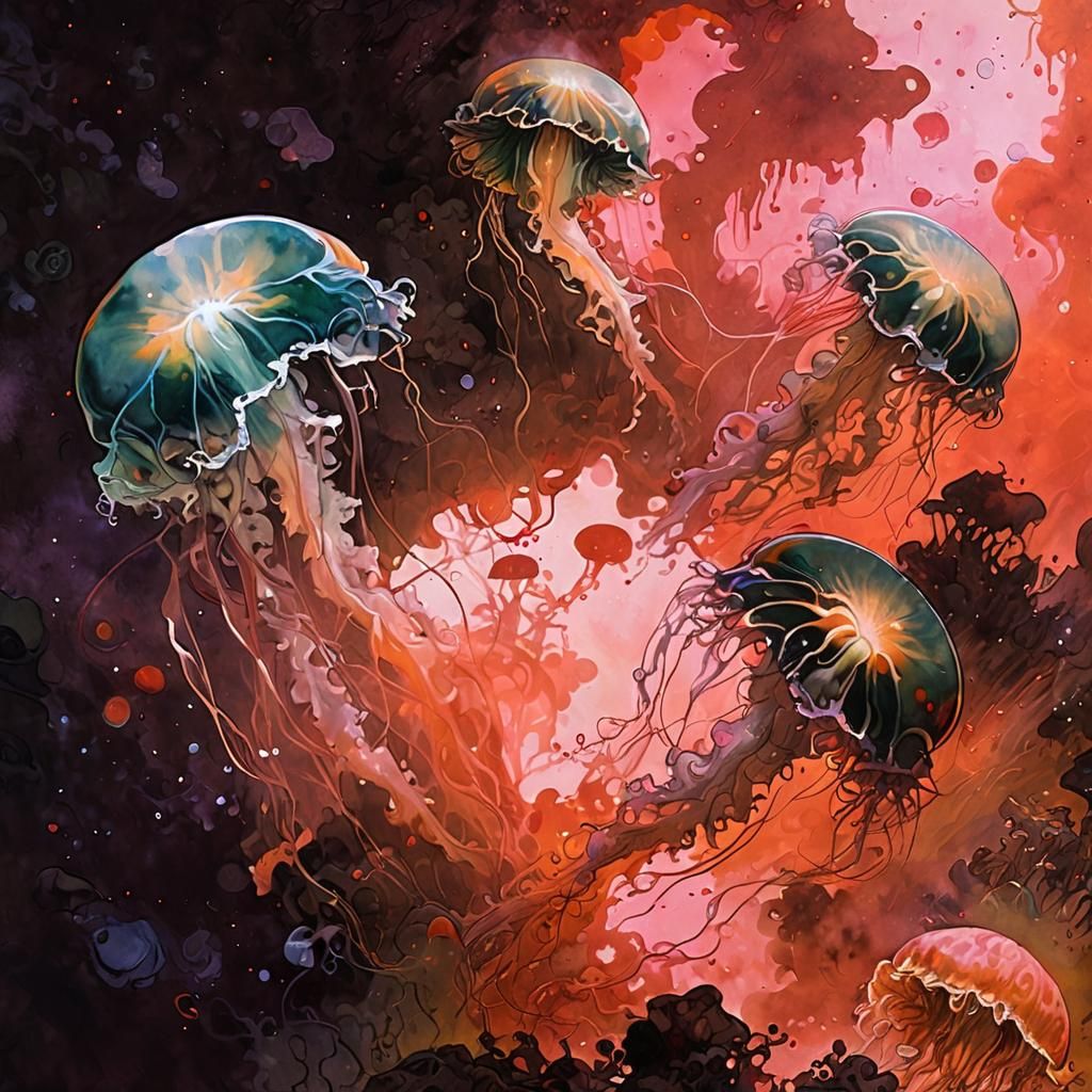 Phosphorescent jellyfish rise from the ocean floor covered i...