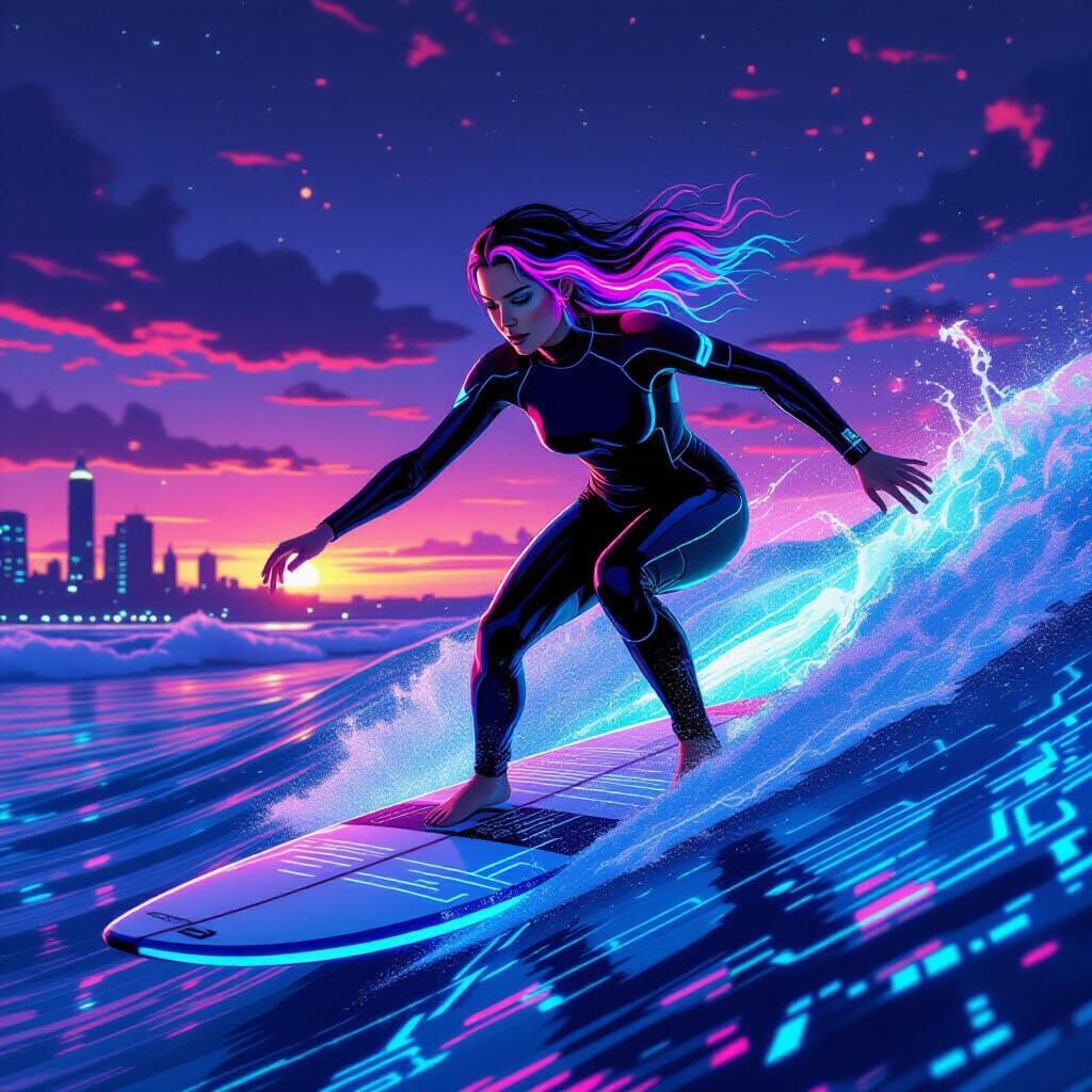 Cyberpunk Surfer Girl Rides Glowing Wave at Dusk