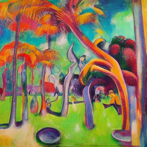 Friends Dancing Under Palm Trees: Fauvist Oil Painting