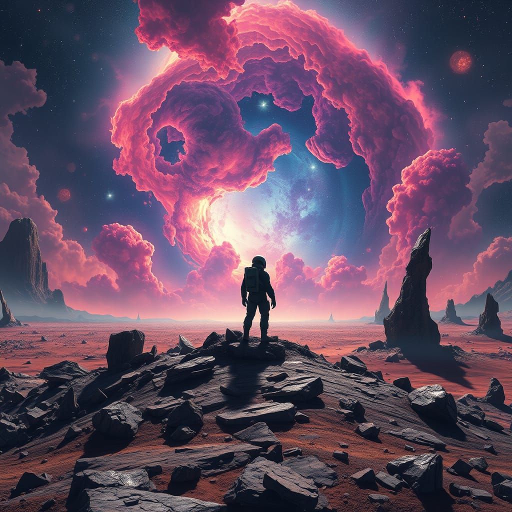 Astronaut Contemplates Nebula on Alien World