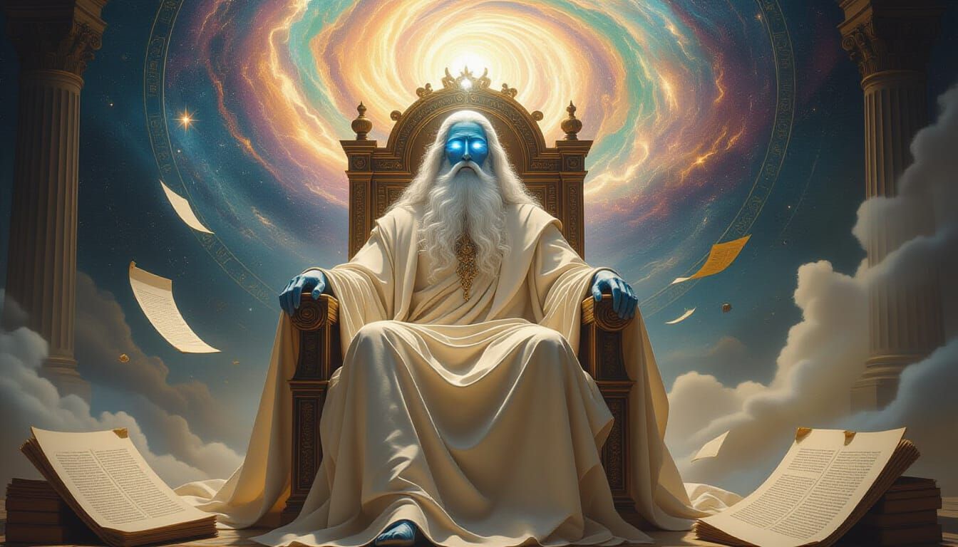 Divine Knowledge Figure on Celestial Throne in Surrealist St...