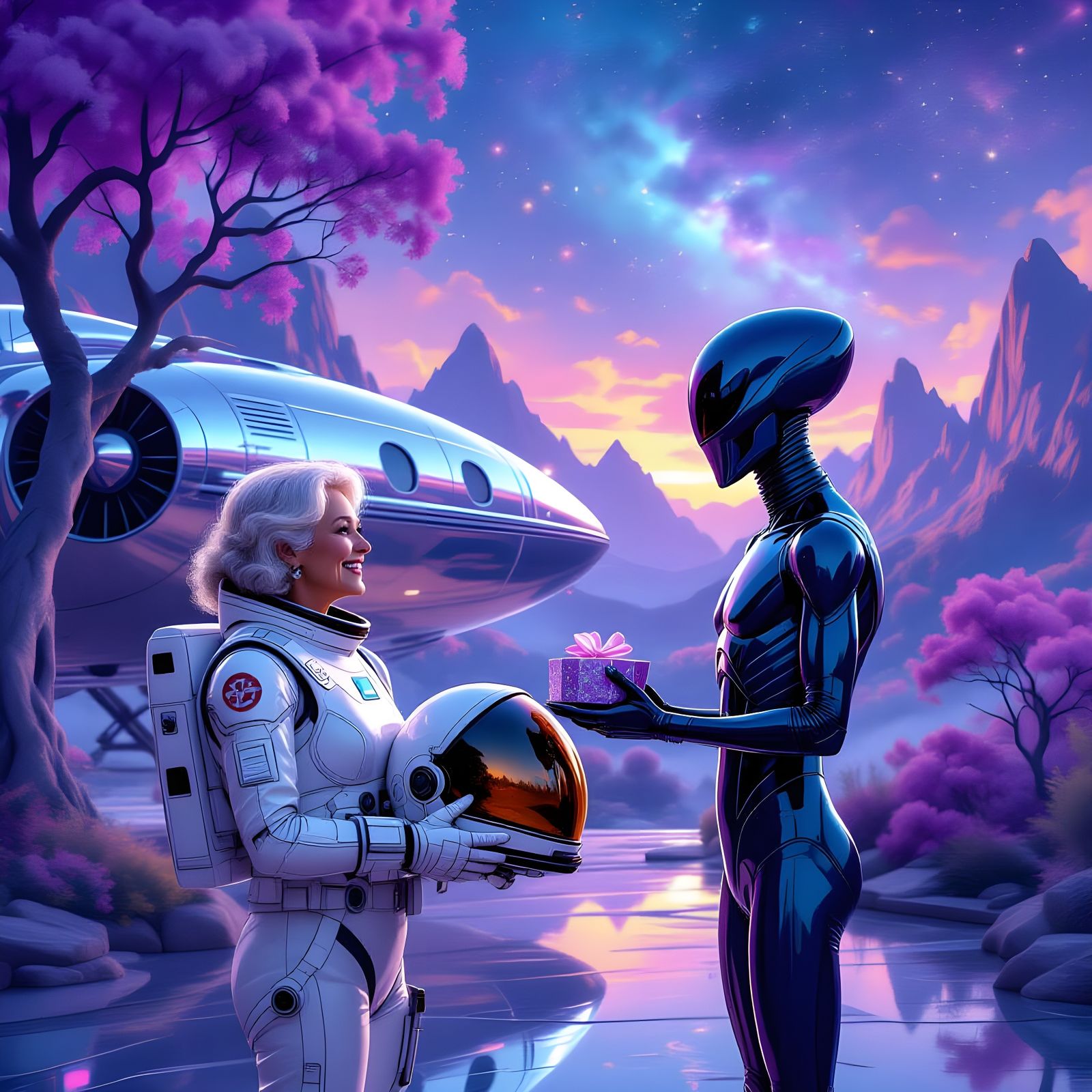 Happy Senior Lady Meeting an Alien in Space