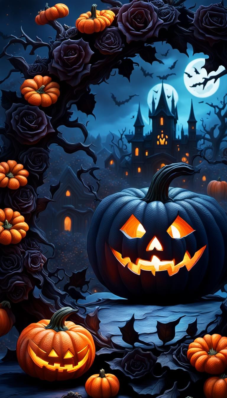 Gothic Floral Wreath with Glowing Jack-o'-Lantern