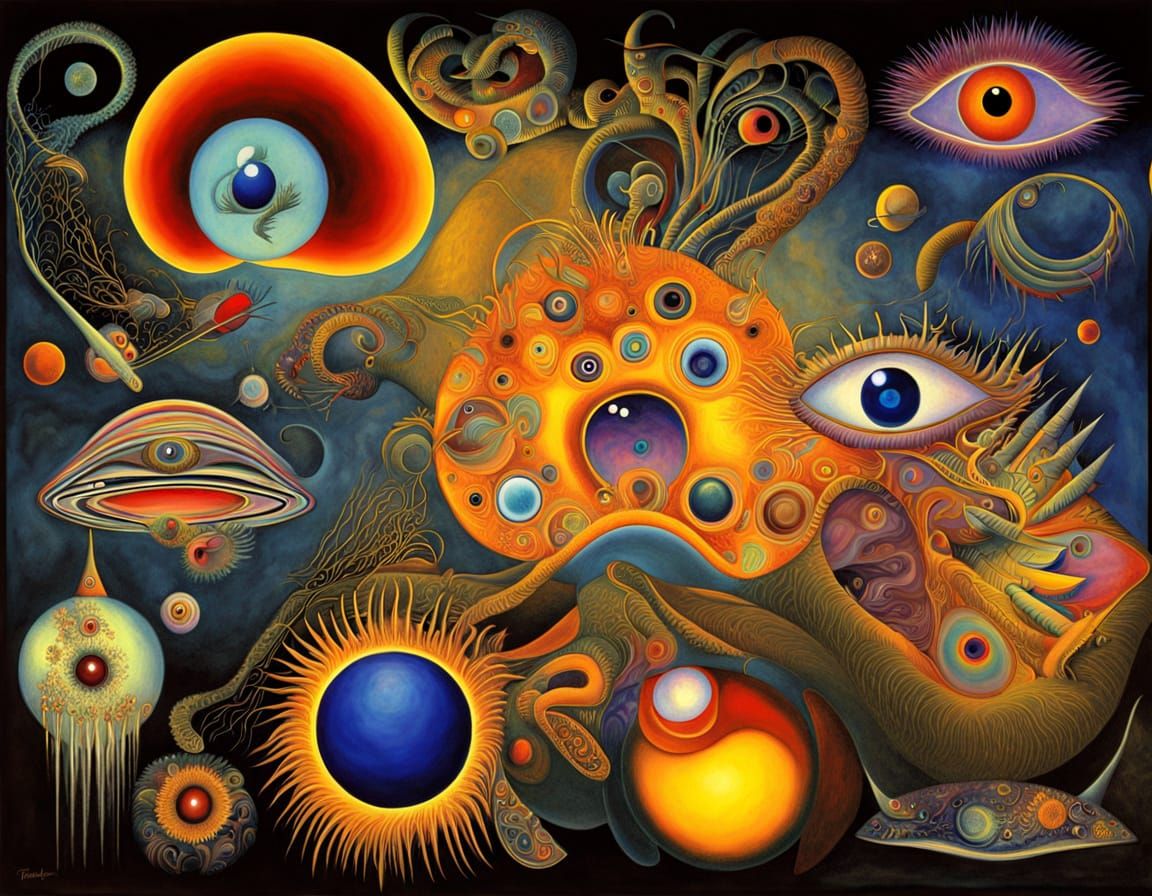 fuzrry eyeball hats dancing critters acrylic wash painted on glass couture inside out luminescent  dust waves metalorgan...