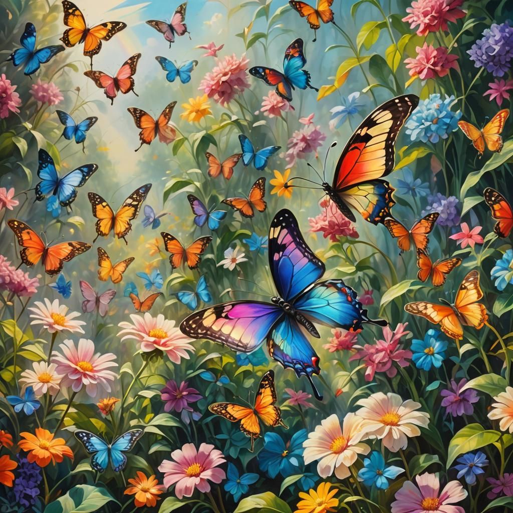 Butterfly in Lush Garden Paradise as Oil Painting