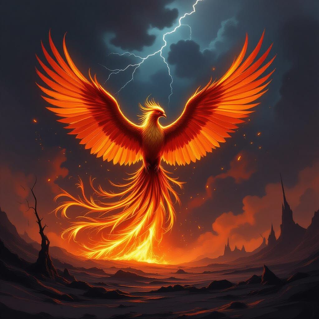 Majestic Phoenix Rises from Ashy Landscape in Fantasy Art St...