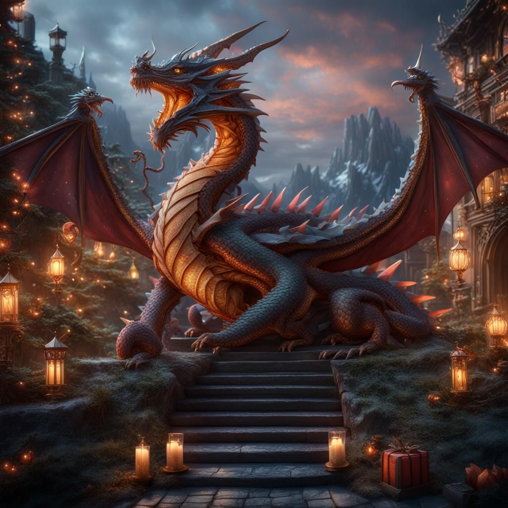 Fantastical Christmas Dragon in Detailed Digital Painting