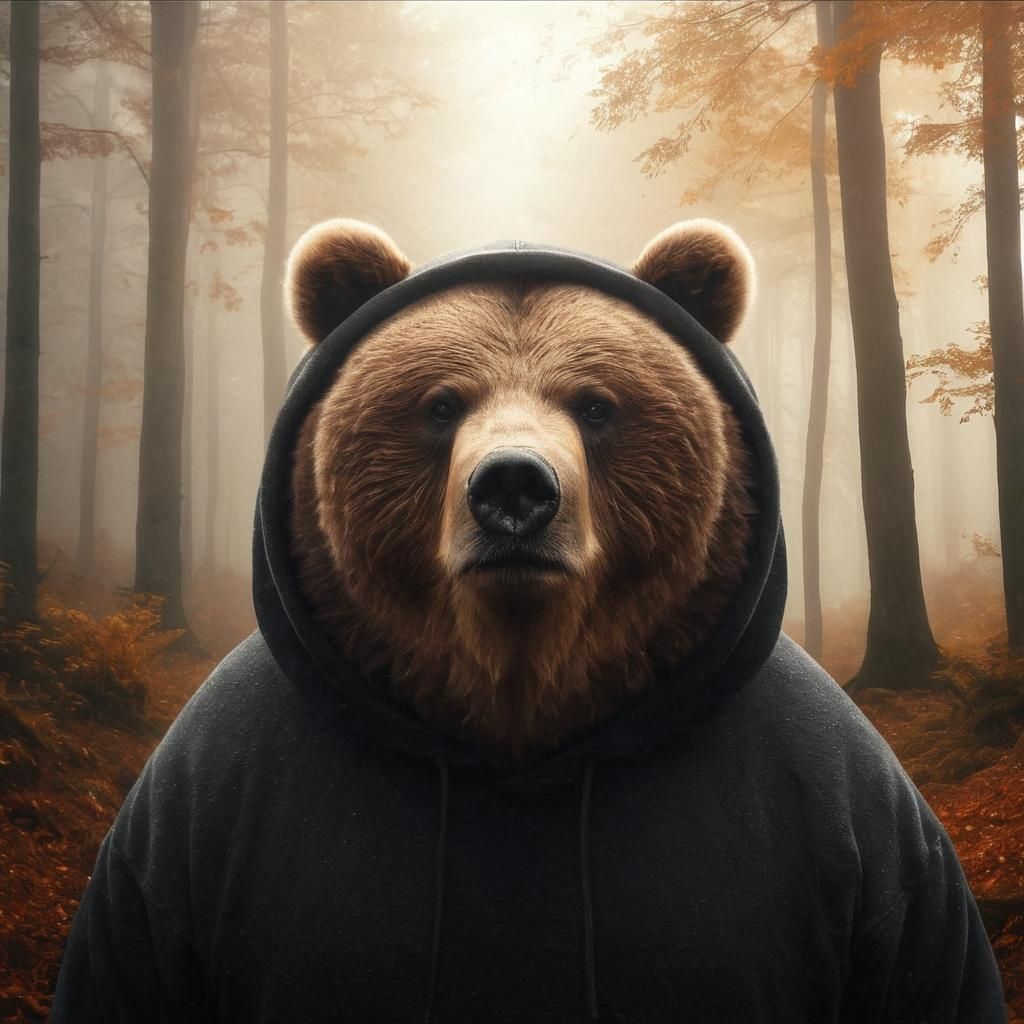 Cynical Kodiak Bear in Misty Autumn Woodland