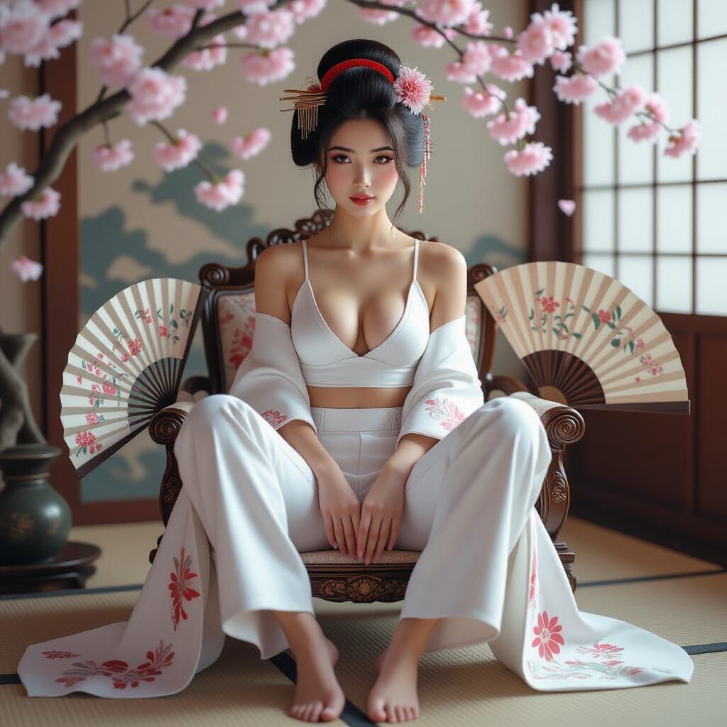 Geisha in White Jeans with Cherry Blossoms