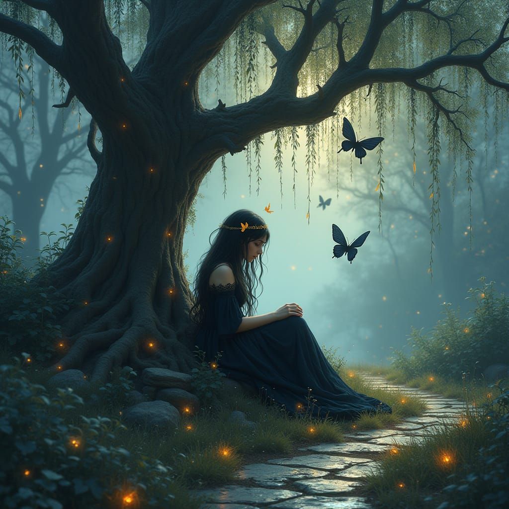 Emo Princess Under Weeping Willow with Glowing Tears