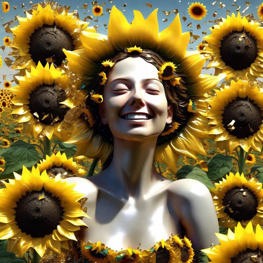 Plastic Sunflower Lady in Reflective CGI Meadow