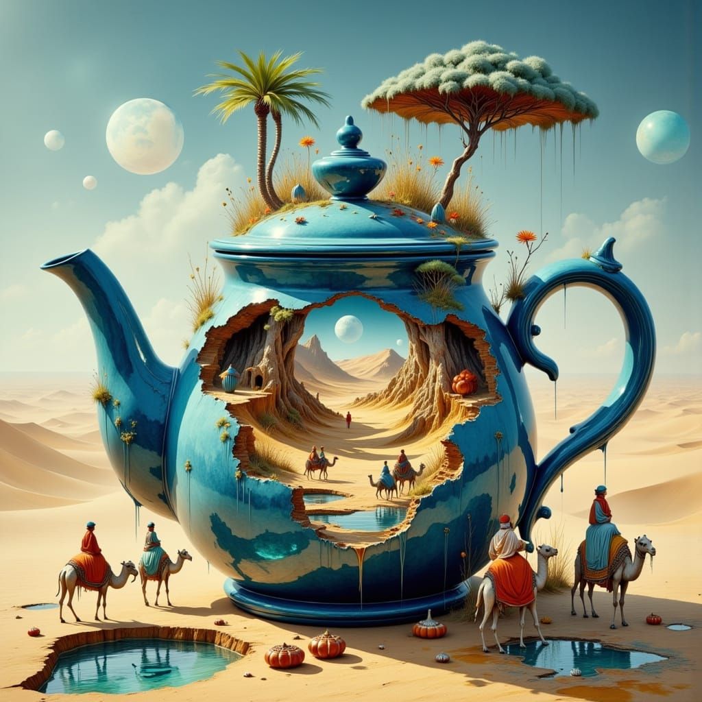 Teapot Oasis: Surreal Desert in Porcelain