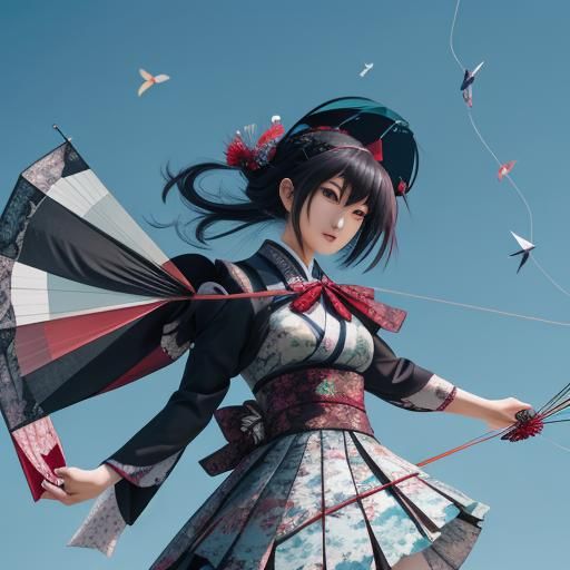 Japanese Gothic Girl Flying a Kite