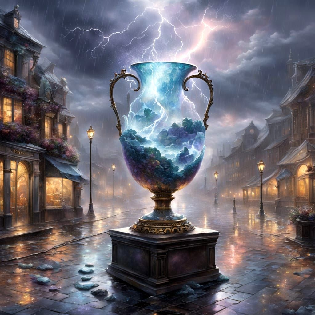 Shattered Crystal Vase in Lightning Storm