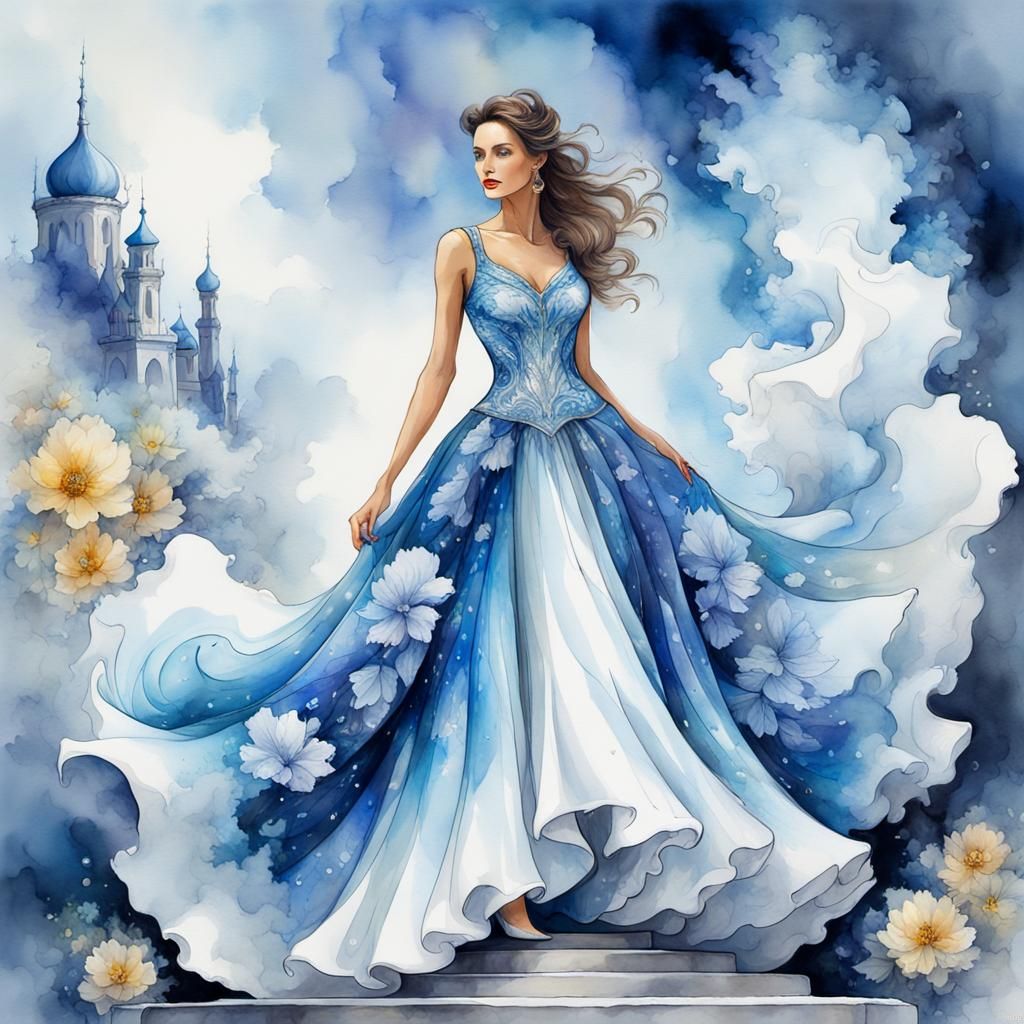 Fantasy Woman in Floral Dress, Watercolor Style