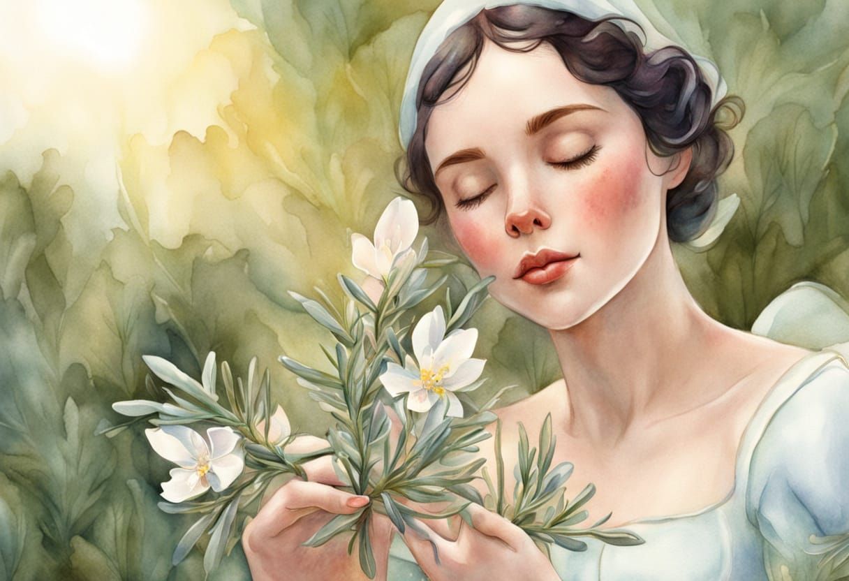 Whimsical Watercolor Illustration of Snow White Sniffing Ros...