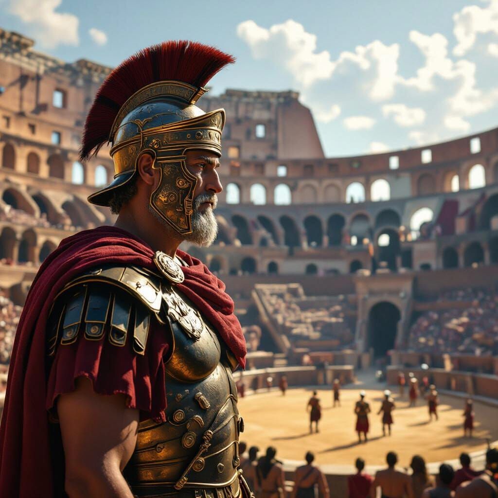 Roman Emperor Watches Gladiators in Sunlit Colosseum