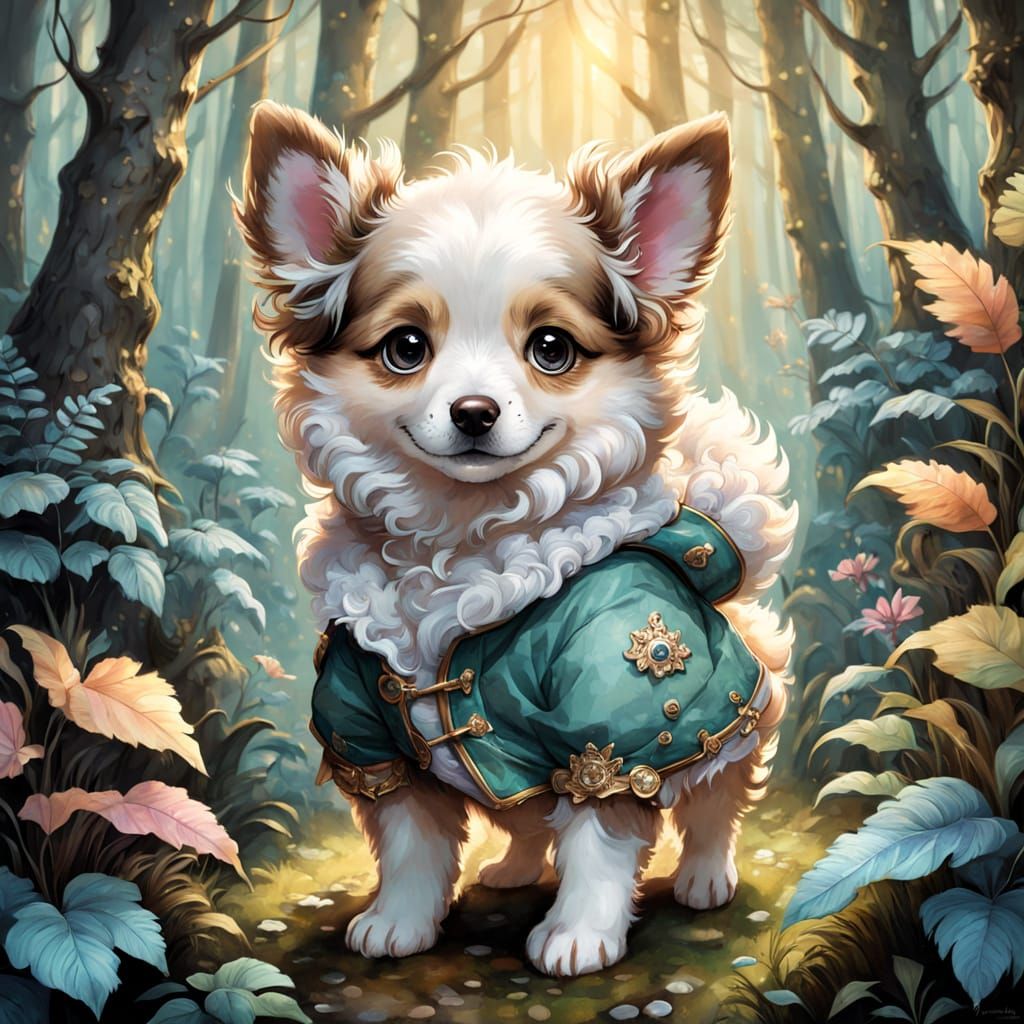 Puppy in Mystical Forest: Dreamy Watercolor Digital Art
