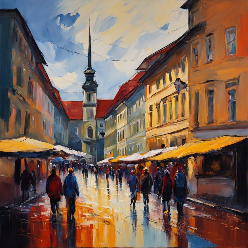 Vibrant Graz Street Scene in Neo-Impressionist Oil Painting