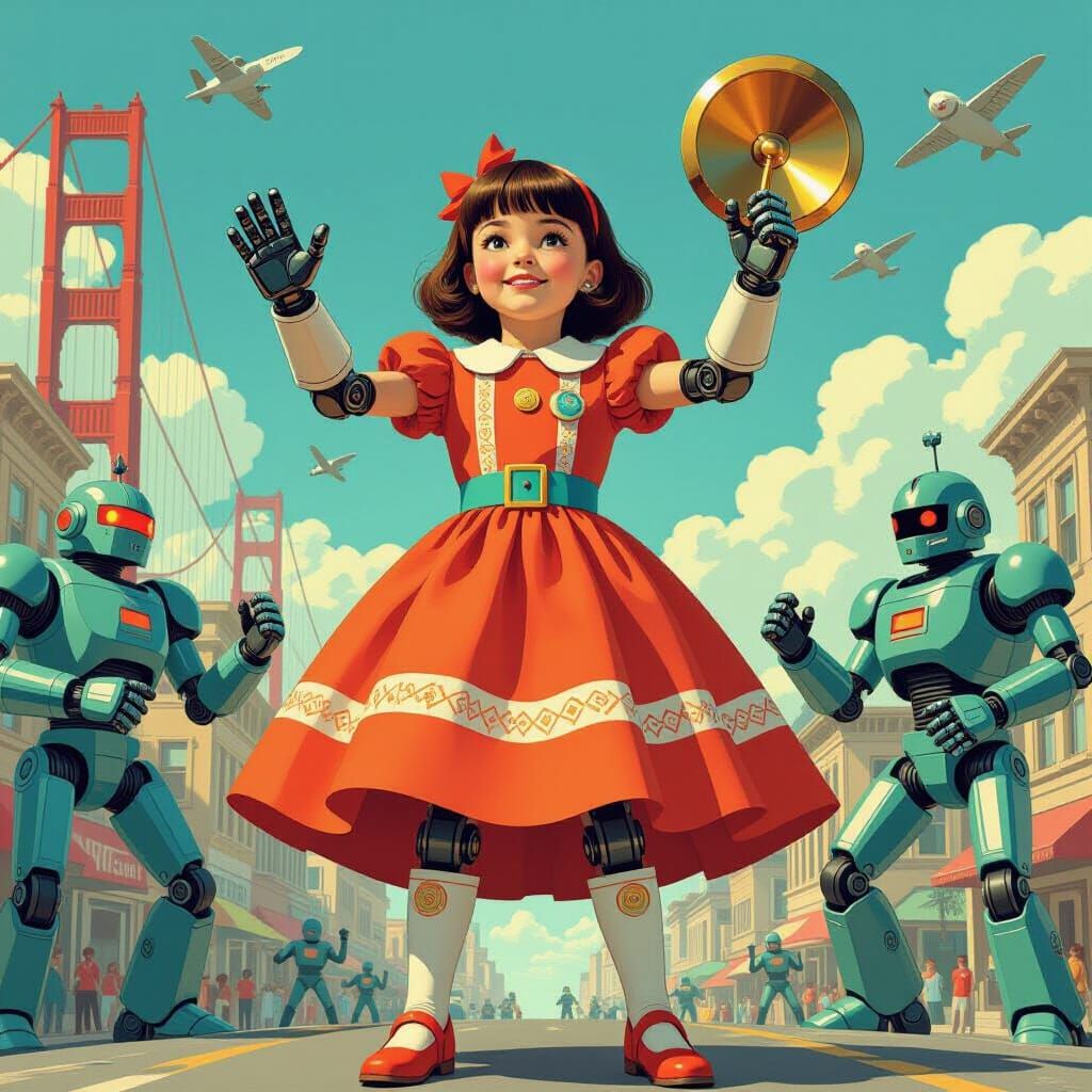 Robot Girl Hero in Retro San Francisco