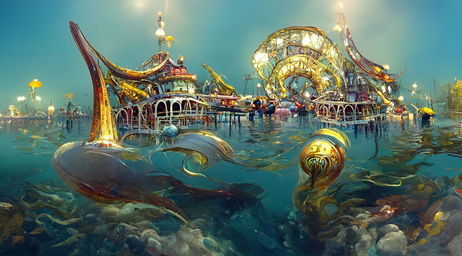 Surreal Ocean Amusement Park in Art Nouveau Style