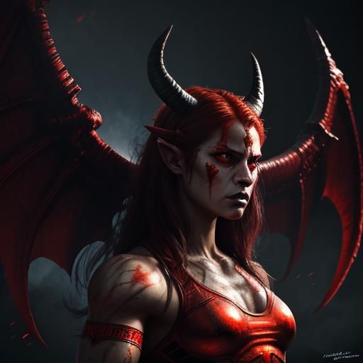 Fiery Devil Woman in Hellscape: Hyperrealistic Art