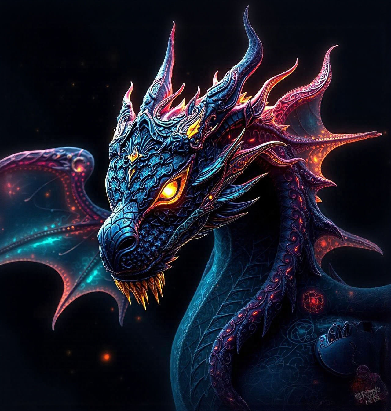 Bioluminescent Dragon with Filigree, Digital Concept Art