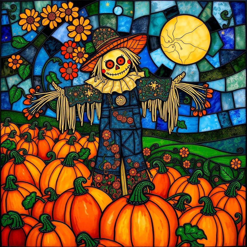Klimt-Inspired Scarecrow in Stained Glass Style