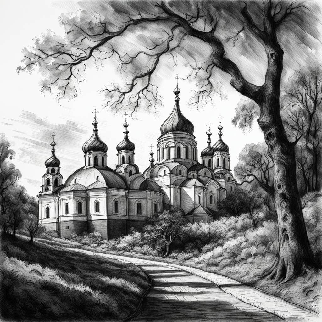 Kiev-Pechersk Lavra: Charcoal Drawing with Dramatic Lighting