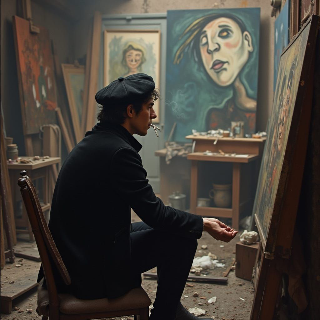 Tormented Painter in Paris Attic, Expressionist Style