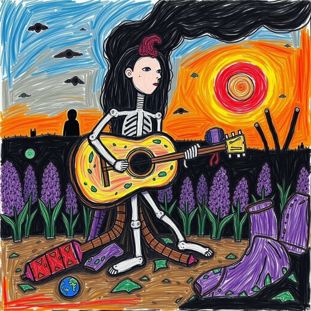 Surreal Tapestry of Earth Guitar and Fiery Lilac Field