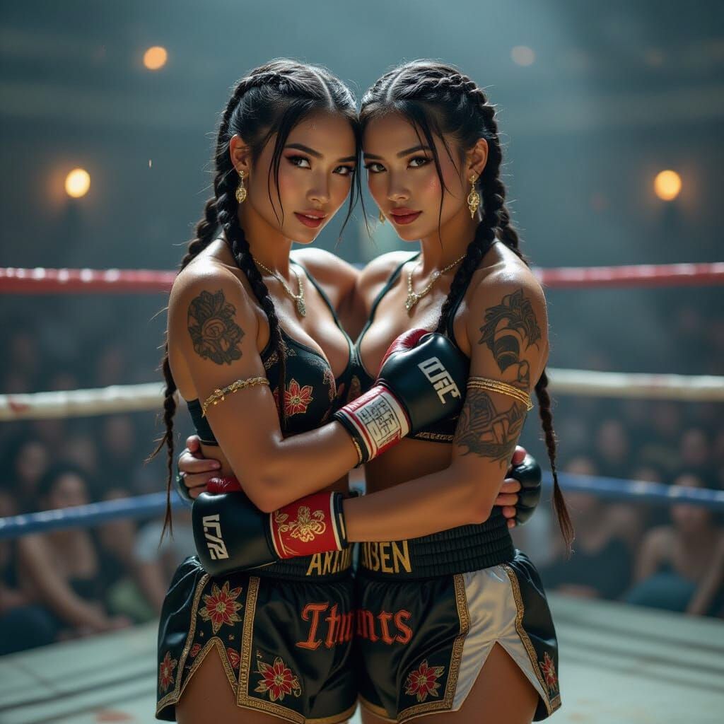 Thai Muay Thai Fighters Embrace After Battle in Photorealist...