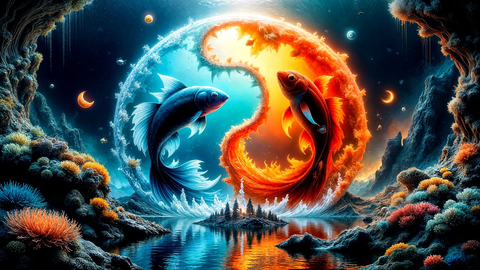 Surreal Underwater Yin-Yang Scene with Icy and Blazing Fish