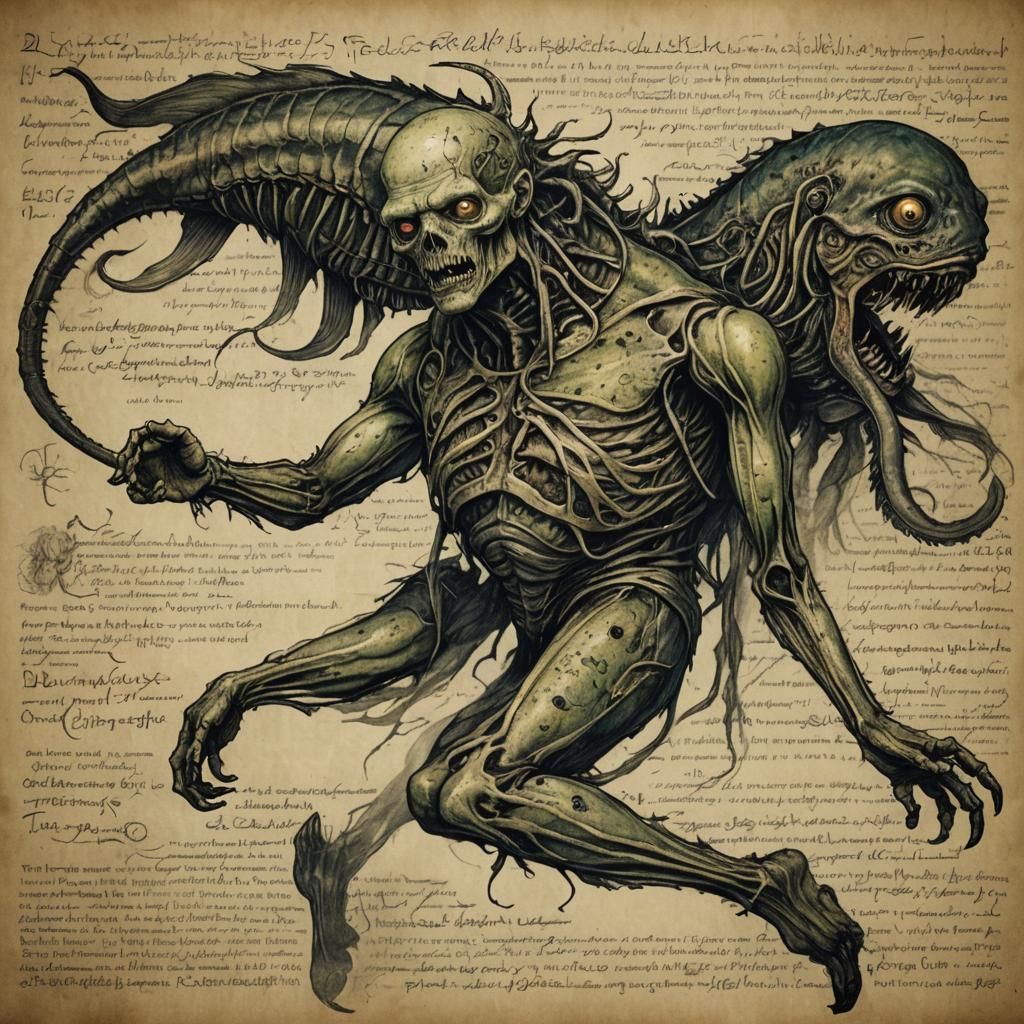 Zombie Fish Mutant Anatomical Drawing in Lovecraftian Style